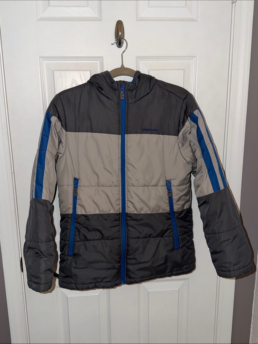 London Fog Boys' Gray, Black and Blue Hooded Puffer Jacket